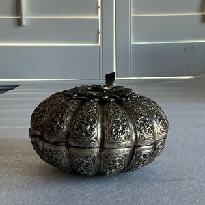 Vintage Heavy Ornate Silver Gourd Canister